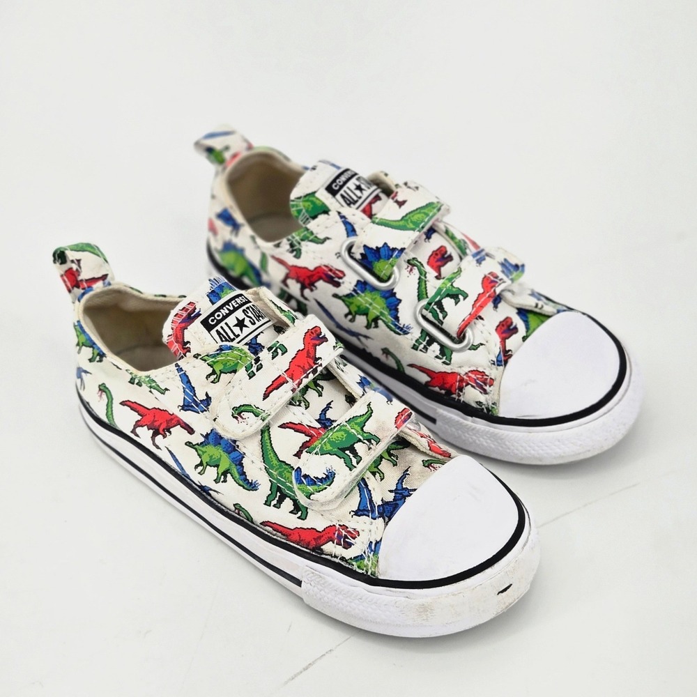 Converse Chuck Taylor All Star 2V Dinosaur Print White Canvas Toddler Shoes 10c
